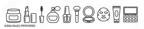 Set of black line art cosmetic icons showing various makeup and skincare products like lipstick, mascara, perfume, nail polish, powder, and a face mask in a minimalist style
