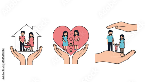 Set of symbolic illustrations showing protective hands cradling a family home and heart representing care insurance and security.