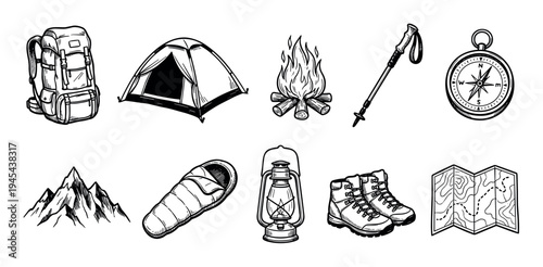 Hand-drawn camping and hiking equipment icons set featuring a backpack, tent, campfire, compass, and boots in a vintage sketch style