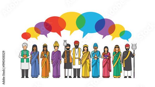 Diverse group of people from different cultures standing together under a series of colorful overlapping speech bubbles symbolizing communication.