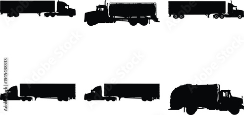 Assortment of truck silhouettes: semi-trucks, tanker trucks, and a garbage truck, showcasing different types of commercial vehicles for transport and services.