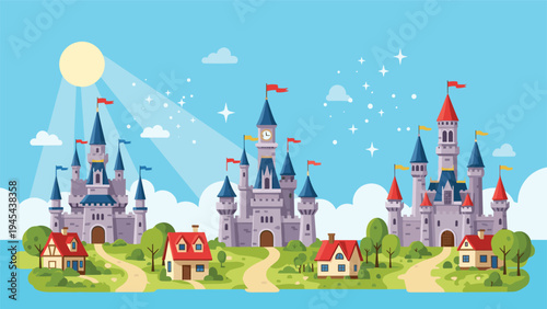 Magical fairytale landscape featuring three majestic castles on hills with small houses and a starry sky with a bright sun in the background.