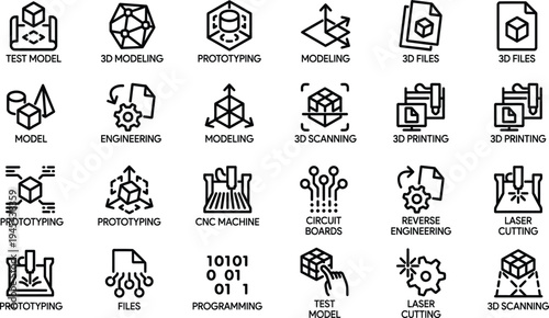 Comprehensive collection of engineering icons featuring prototyping 3d scanning laser cutting and reverse engineering