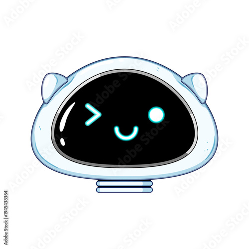 Cute robot head character winking with a friendly smile, representing artificial intelligence, new technology, and digital communication, isolated on a white background