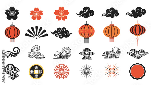 Traditional japanese design elements featuring cherry blossoms, red lanterns, decorative clouds, and stylized wave patterns in a clean layout.