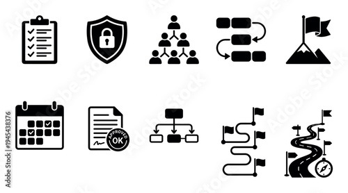 Set of black project management glyph icons for business strategy, planning, security, teamwork, and goal achievement in a minimalist flat style