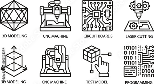 Industrial manufacturing icon set showing three dimensional modeling cnc machinery and circuit board design technology