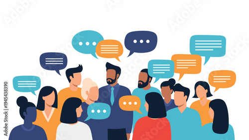 Group of diverse people silhouettes surrounded by colorful speech bubbles representing community discussion, social media, and communication.