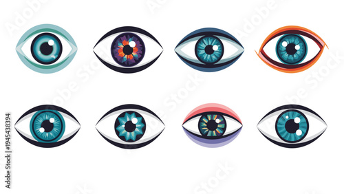 Collection of eight detailed human eye illustrations featuring various iris colors, patterns, and artistic styles for a diverse set of looks.