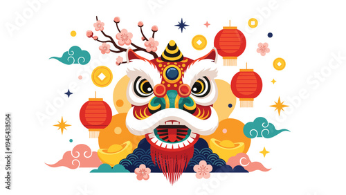 Vibrant Chinese lion dance head illustration surrounded by plum blossoms, lanterns, coins, and clouds for festive celebrations.
