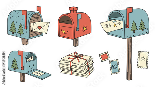 Charming collection of mailboxes filled with letters and cards, featuring festive winter decorations and cute character details.