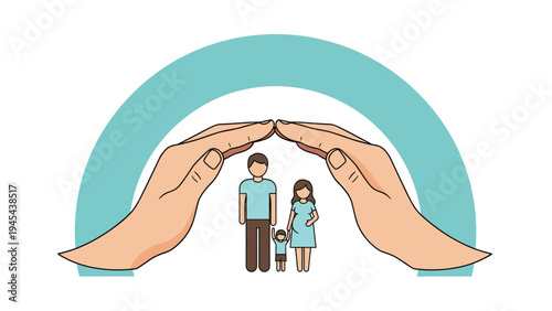 Conceptual illustration of two large hands forming a protective arch over a family with a father, pregnant mother, and a child.