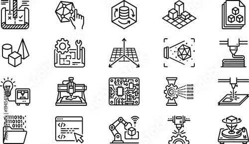 Advanced digital fabrication icon library depicting robotic arms circuit integration and smart factory automated systems