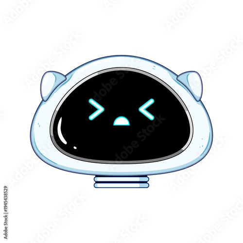 Cute kawaii robot head with squinting closed eyes and a downturned mouth showing sadness, pain or malfunction, simple vector cartoon avatar on white background, emotive tech icon