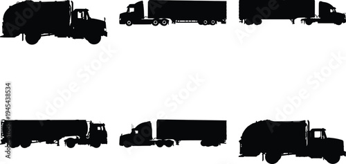 Group of truck silhouettes including garbage trucks, semi-trucks, and tanker trucks, representing various aspects of commercial road transport and waste management.