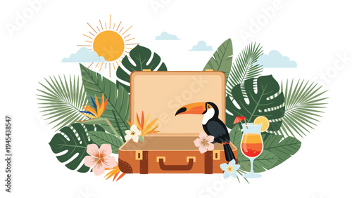 Open travel suitcase surrounded by lush tropical palm leaves, hibiscus flowers, a toucan, and a tropical cocktail with a bright sun.