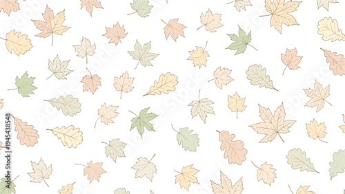 Elegant seamless pattern of falling autumn leaves in various shapes and muted colors like orange, yellow, and green on a white background.