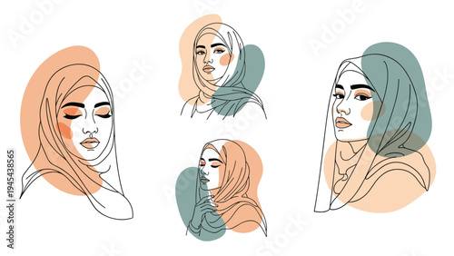 Elegant line art portraits of women wearing hijabs, accented with abstract organic shapes in muted colors for modern beauty branding.