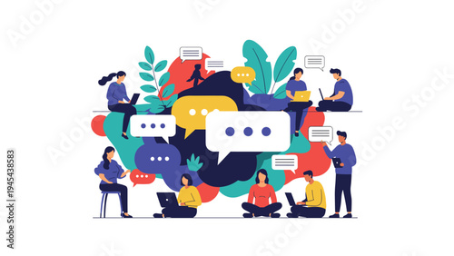 Dynamic illustration of people interacting and communicating within a colorful network of chat bubbles and social connections.