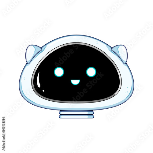 Friendly robot head with glowing eyes and a warm smile, modern ai assistant avatar representing chatbot, customer support, smart automation and humanized technology on white background