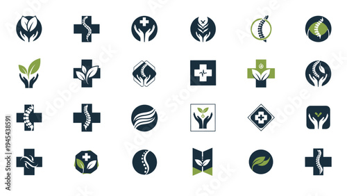 Extensive collection of chiropractic and spine health logos featuring symbols like spines, medical crosses, leaves, and hands.