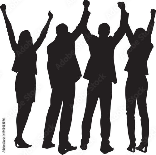 Five individuals raising their arms in triumphant unity and celebration.