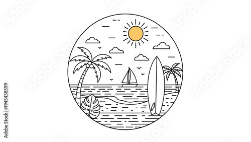 Minimalist circular line art of a tropical beach scene featuring surfboards, palm trees, a sailboat, and a bright yellow sun.