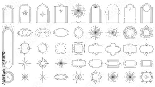 Comprehensive set of thin line geometric frames, arches, and starburst design elements in a modern minimalist and art deco style.