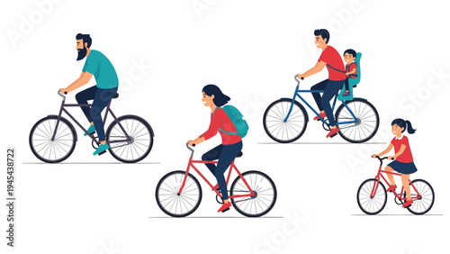 Group of people of various ages riding bicycles including a father with a child in a seat and a young girl on a red bike.