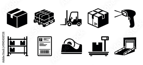 Set of black logistics and shipping icons representing warehouse operations, including a forklift, pallet, box, barcode scanner, scale, and other supply chain symbols