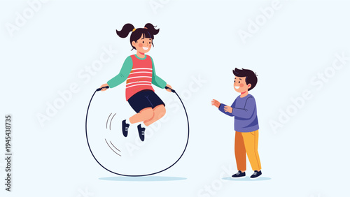 Dynamic illustration of a young girl jumping rope while a happy boy watches and claps along on a light blue background.