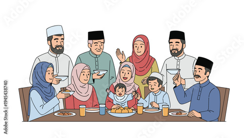 Happy muslim family including grandparents and children gathering around a dining table to enjoy a traditional meal and social time.