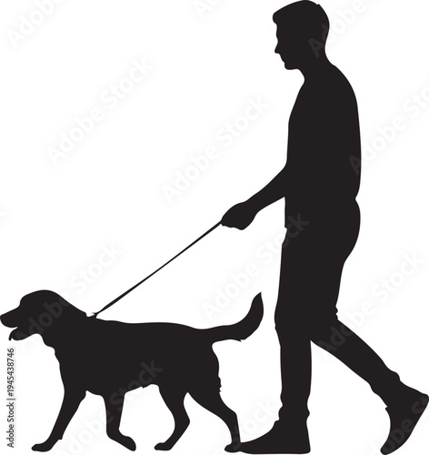 Person walking a dog on a leash in silhouette style
