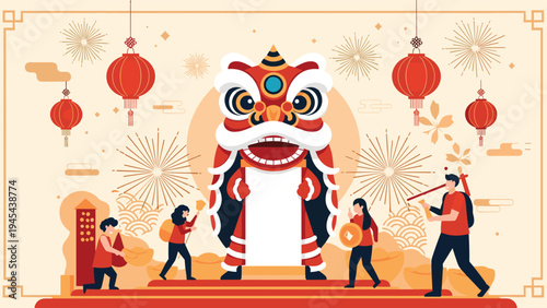Vibrant chinese new year celebration scene with a large traditional lion dance performer and people celebrating under red lanterns.