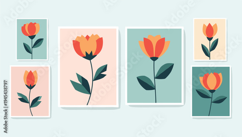 Collection of minimalist floral art posters featuring simple orange and red flowers with green leaves on pastel background panels.