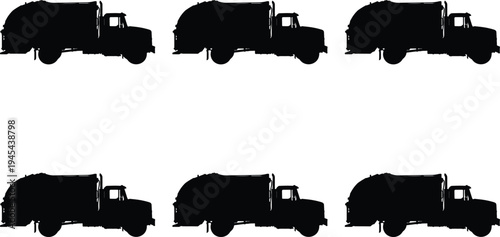 Collection of six black silhouette garbage trucks displayed in a grid on a white background, representing municipal services and waste management.