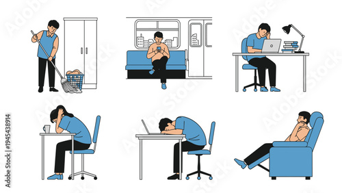 Series of illustrations showing a young person experiencing different moments of boredom exhaustion and procrastination in daily life.