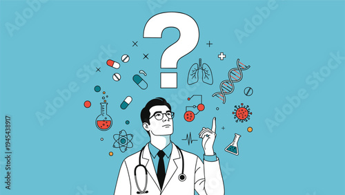Intelligent male doctor looks upward at a giant question mark surrounded by various medical scientific and biological icons for research.