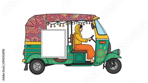 Vibrant illustration of a woman in traditional South Asian clothing driving a beautifully decorated green auto rickshaw or tuk tuk.