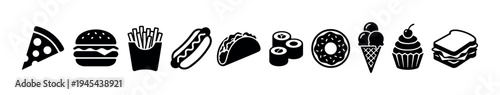 Set of ten black food icons representing popular fast food and dessert items like pizza, hamburger, hot dog, taco, sushi, donut, and ice cream, presented as simple glyphs