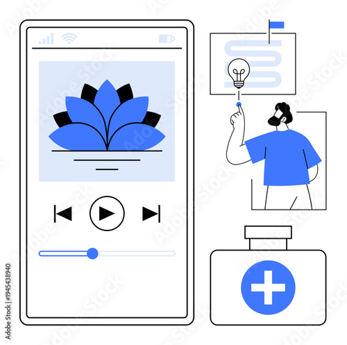 Mindfulness, app design, wellness, healthcare, meditation, innovation, digital solutions. a smartphone with a lotus design and healthcare-related graphics. Mindfulness and app design concepts
