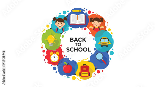 Colorful circular arrangement of back to school themed items including children school bus books and educational icons on a white background.