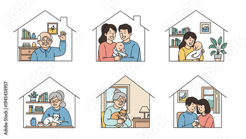 Collection of six simple house shapes showing different family units and individuals in their homes representing domestic life and comfort.