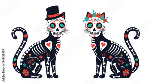 Decorative black cats with skeletal patterns and colorful flowers celebrate the Day of the Dead in traditional Mexican folk art style.