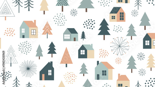 Seamless pattern of minimalist houses and stylized evergreen trees in a soft winter color palette for wrapping paper or fabric design.