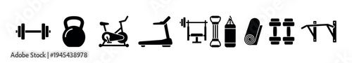 Black silhouette gym and fitness equipment icons including a barbell, kettlebell, treadmill, and dumbbells in a minimalist graphic set for workout and training concepts