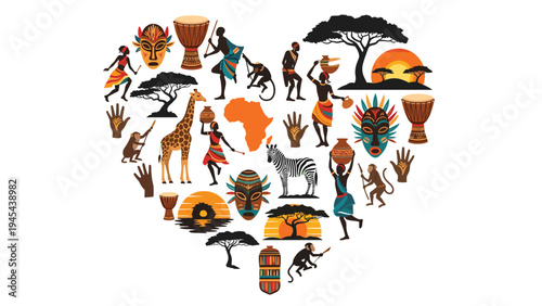Heart shaped collage filled with diverse African cultural symbols including masks tribal people exotic animals and scenic landscapes.