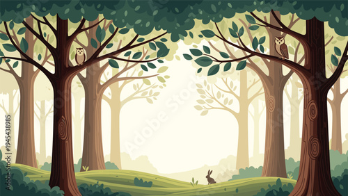 Peaceful woodland landscape scene featuring tall trees two owls on branches and a small rabbit in a quiet green forest clearing.
