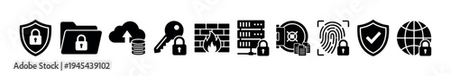 Comprehensive collection of black silhouette security icons illustrating various aspects of digital data protection, privacy, and network safety in a modern, clean graphic style