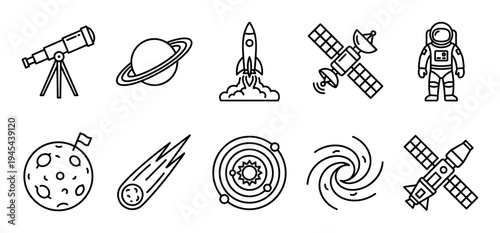 Set of ten black outline icons representing space exploration and astronomy, featuring a rocket launch, astronaut, planet, satellite, telescope, galaxy, and solar system